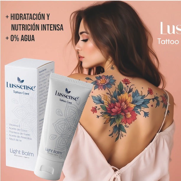 Lussense Tattoo Care light balm in a white tube, with a woman's back showing a colorful floral tattoo.