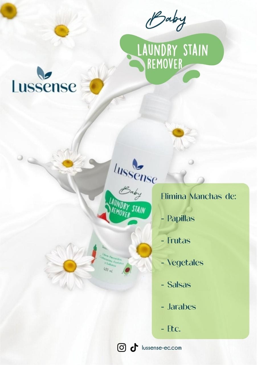 Lussense Baby Laundry Stain Remover bottle with chamomile flowers, gentle formula for sensitive skin, removes stains like papillas, fruits, and vegetables.
