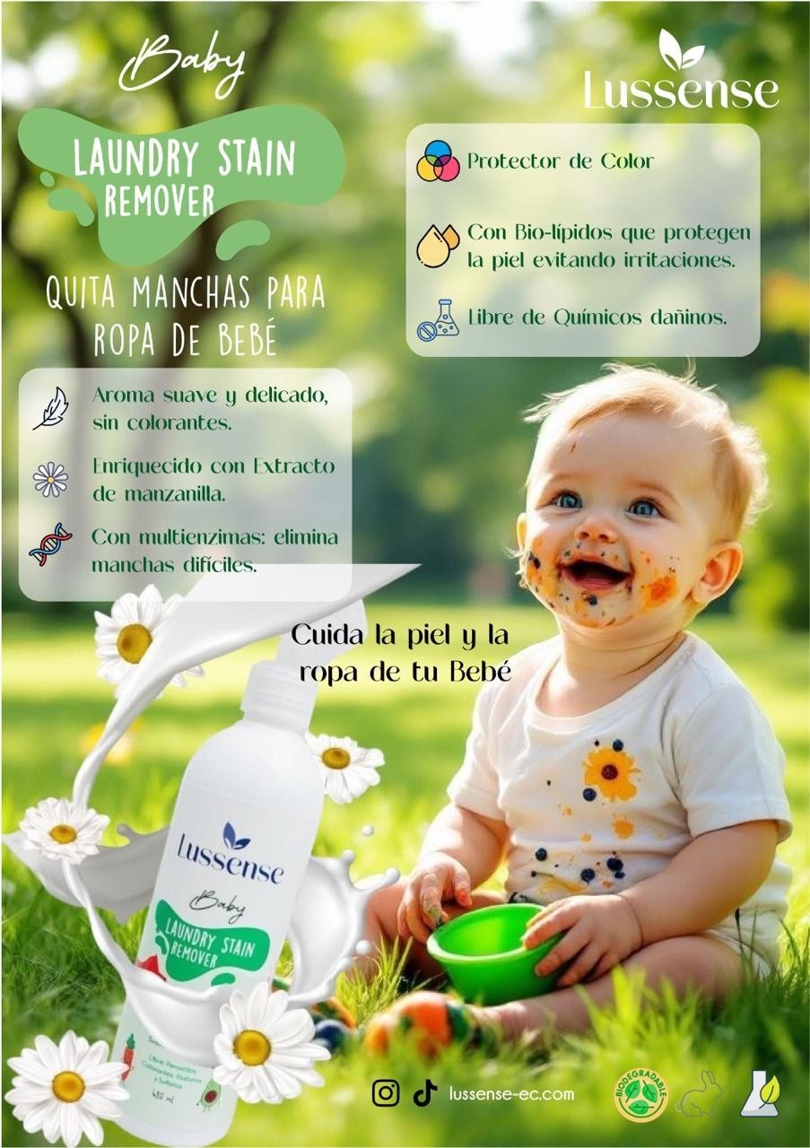 Lussense Baby Laundry Stain Remover bottle with chamomile and splash effect, next to a baby with food stains.