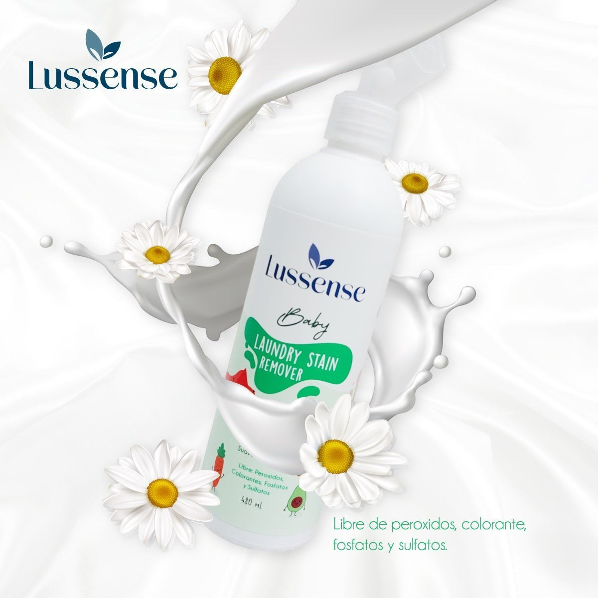 Lussense Baby Laundry Stain Remover bottle with chamomile flowers and milk splash. Gentle, natural formula for baby clothes.