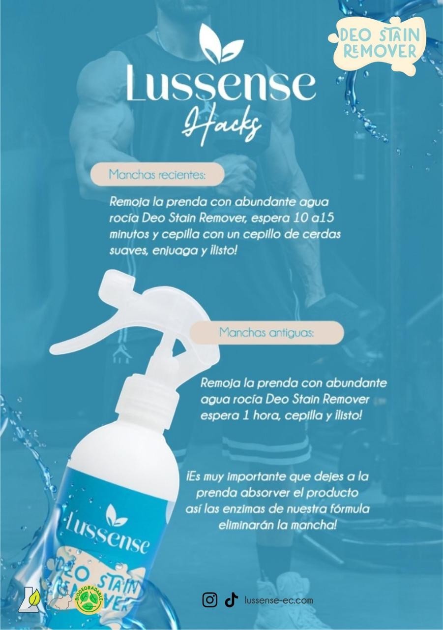 Lussense Deo Stain Remover spray bottle, a gentle and effective enzymatic formula to remove deodorant and sweat stains and odors from clothing.