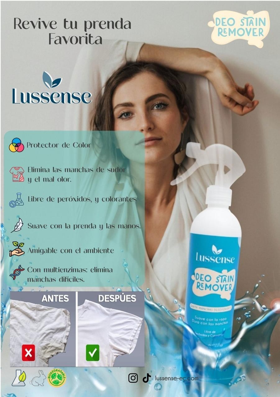 Lussense Deo Stain Remover spray bottle, effective on sweat and deodorant stains, gentle formula.