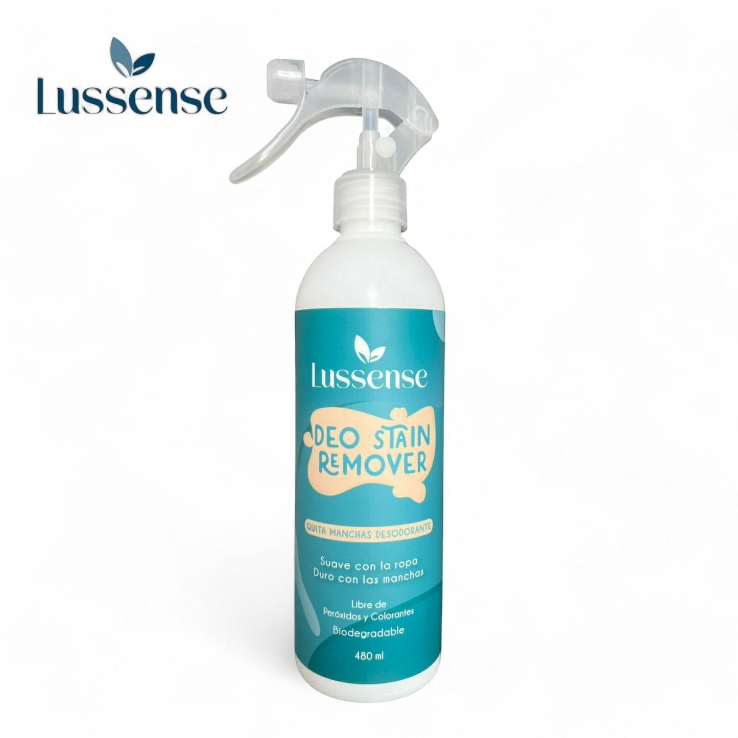 Lussense Deo Stain Remover spray bottle, effective on deodorant stains and sweat odors, gentle on clothes, free of harsh chemicals, 480ml.