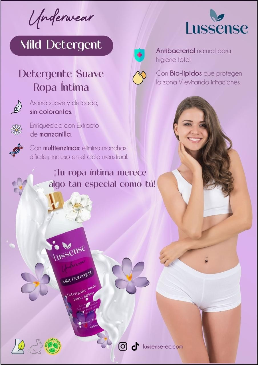 Lussense Underwear Mild Detergent bottle with chamomile extract, gentle formula for sensitive skin, antibacterial and biodegradable.