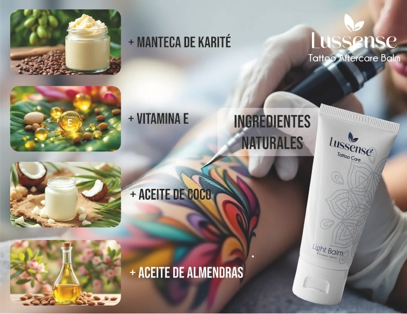 Lussense Tattoo Aftercare Balm tube with natural ingredients like shea butter, vitamin E, coconut oil, and almond oil.
